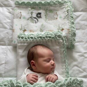 Baby Flannel Blanket with Crochet Pale Green Trim